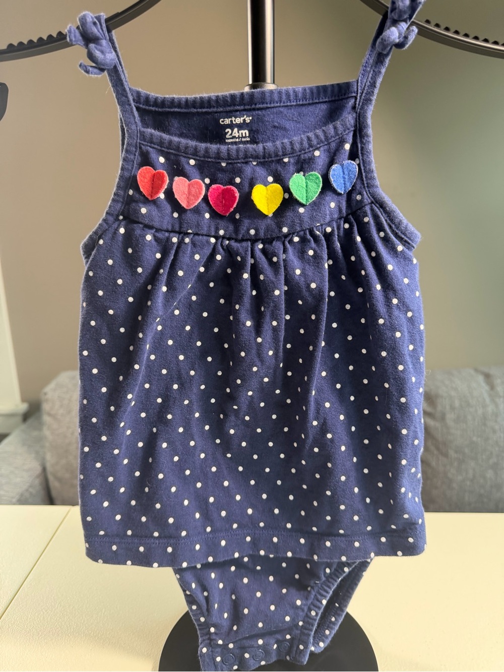 Carter’s 24M Navy Polka Dot Rainbow Heart Appliqué Romper Dress